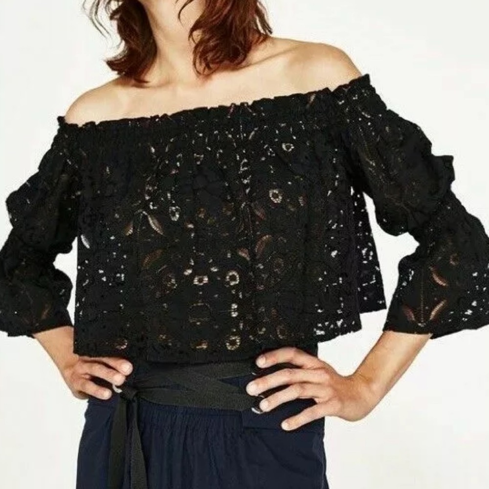 Zara Black Floral Lace Crop Bell Sleeve Small